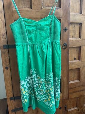 Vintage Nina green Floral Midi Dress lining Smocked Bodice and Spaghetti Straps